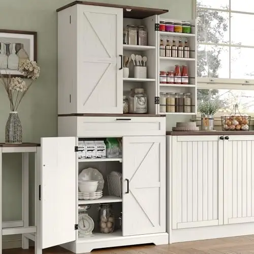72'' Kitchen Storage Pantry Cabinet, Tall Storage Cabinet with 8 Door Shelves, 2 Cabinets and 1 Drawer, Freestanding
