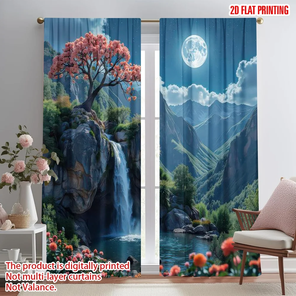 

2D flat printing 2pcs Scene Curtain Moonlit Waterfall Scene Digital Printed Polyester Drapes Holiday Decorations for Festive and