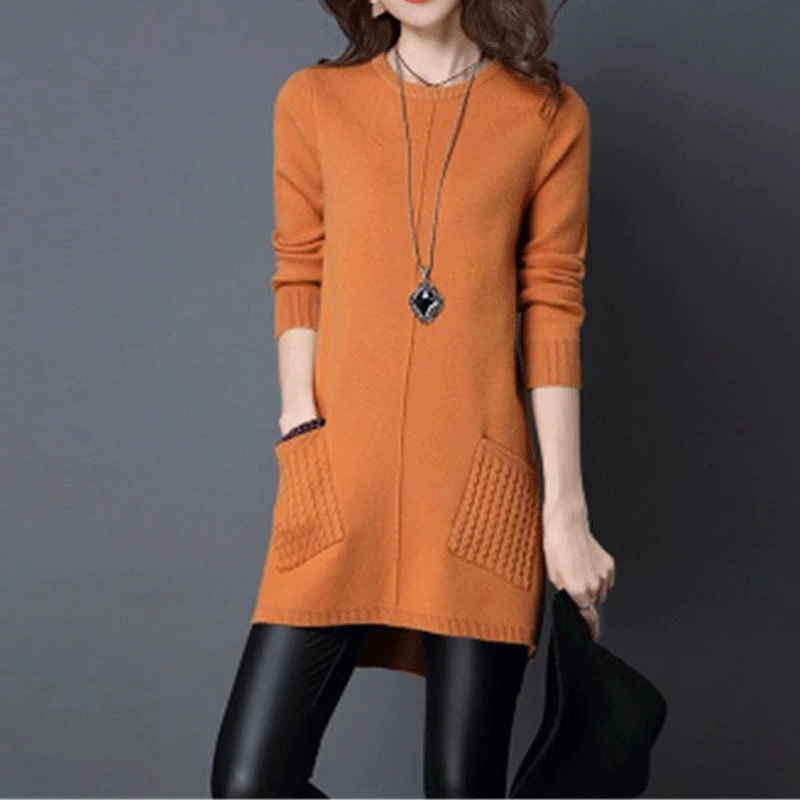 Women Korean Fashion Sweet Elegant Knitted Sweater Spring Autumn Casual Long Sleeve Pockets Loose Pullovers Irregular Tunic Tops