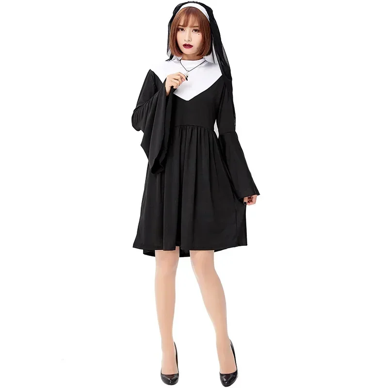 Halloween Costume Women's Nun Costume Traditional Adult Sister Black Robe Religious Costumes CosplayHalloween Costumes for Women