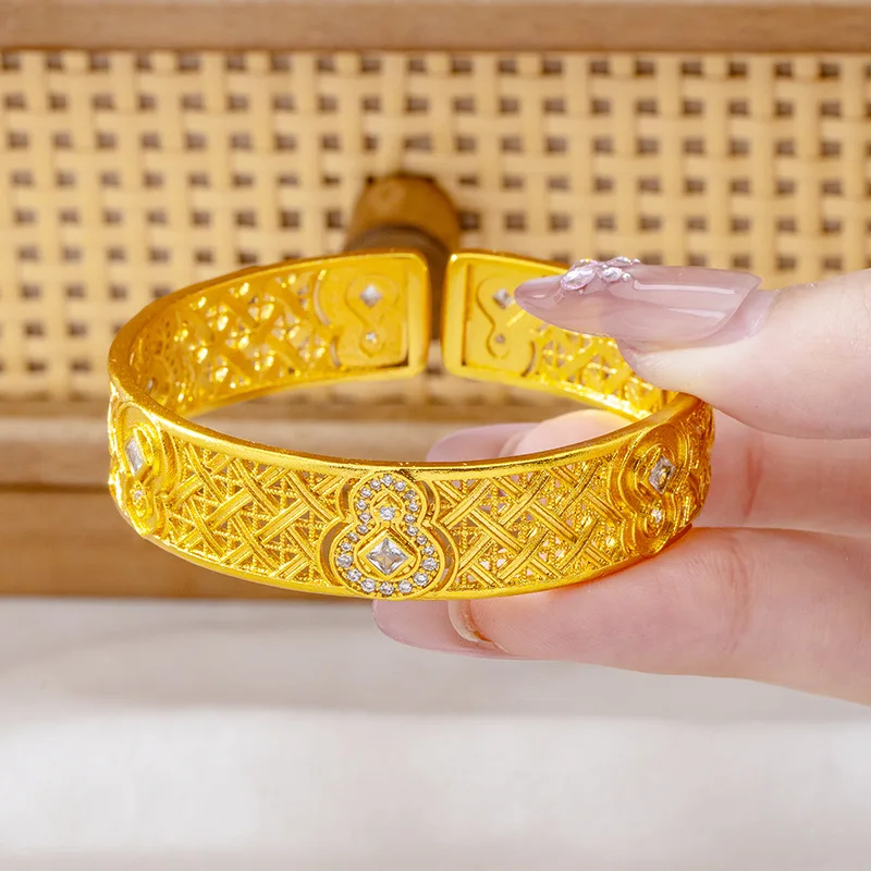 Sturdy &Durable Hollowed Flower Window Diamond-set Gourd Open Bracelet For Women24K Gold AU999 |Solid craft, not easy to deform