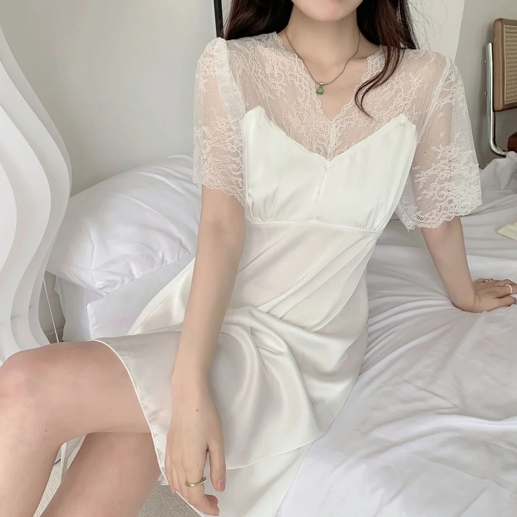 Lisacmvpnel 2023 New Style Nightdress Female Lace Sexy V-neck Hollow Out Sleepwear