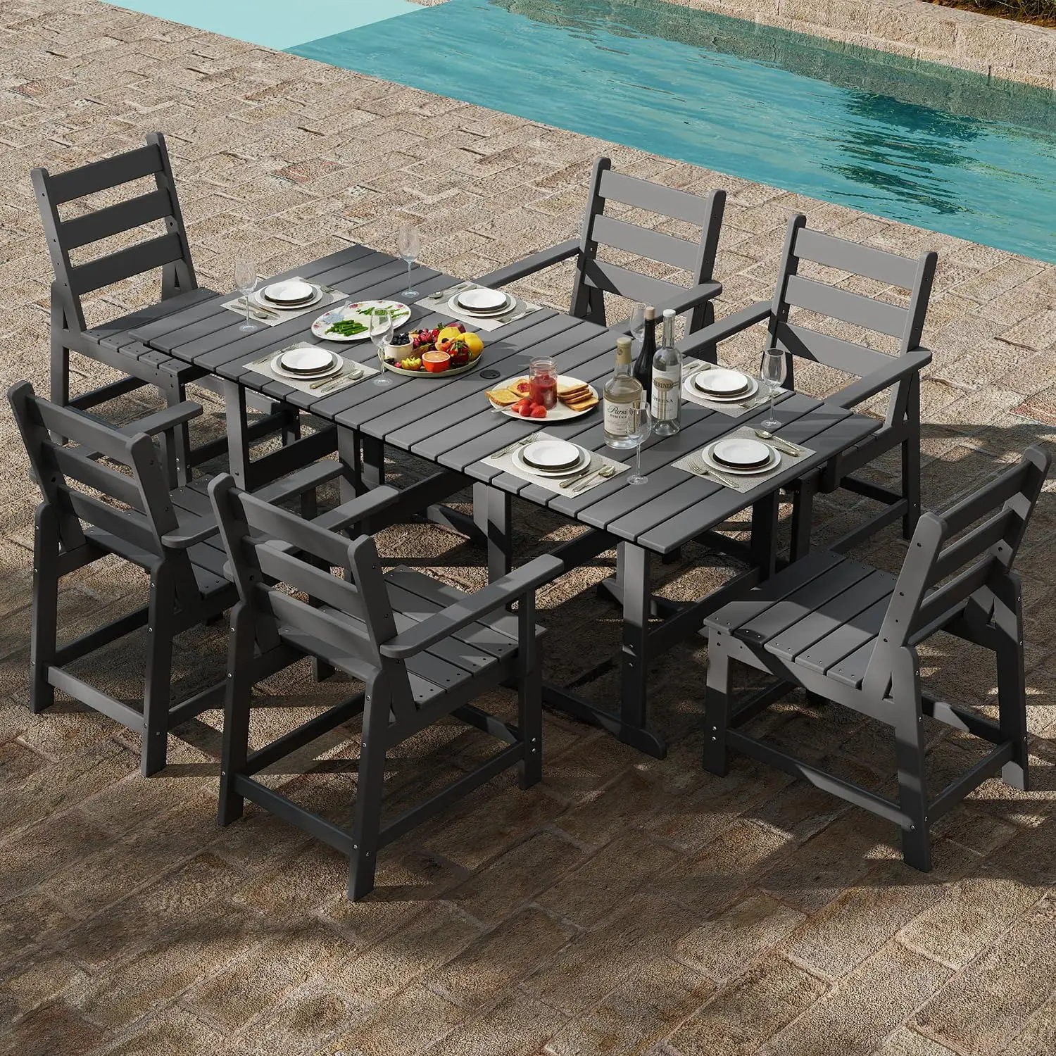 

7 Piece Outdoor Dining Set HDPE Patio Table & 6 Chairs All Weather Connectable for Backyard Poolside Garden Grey Customized
