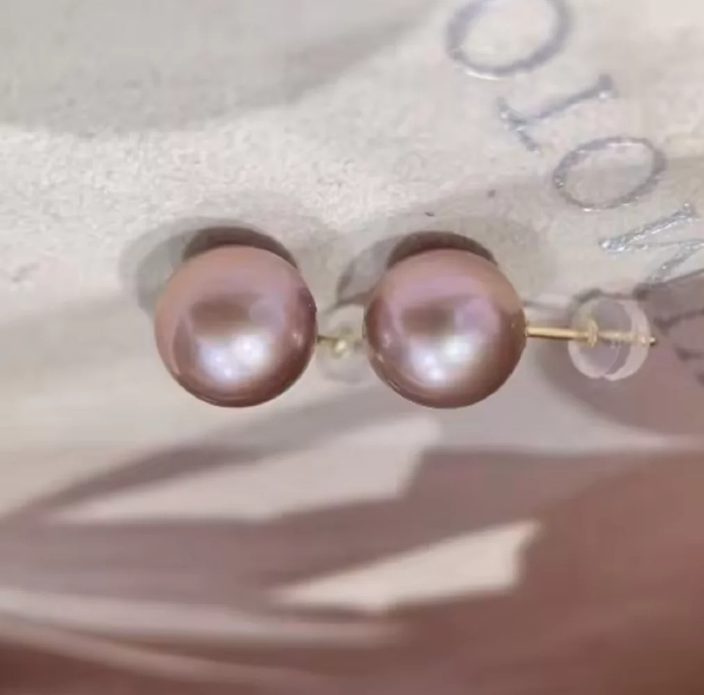 Gorgeous AAAA 9-10mm 10-11mm South Sea Round Purple Pearl Earrings 14K Gold-