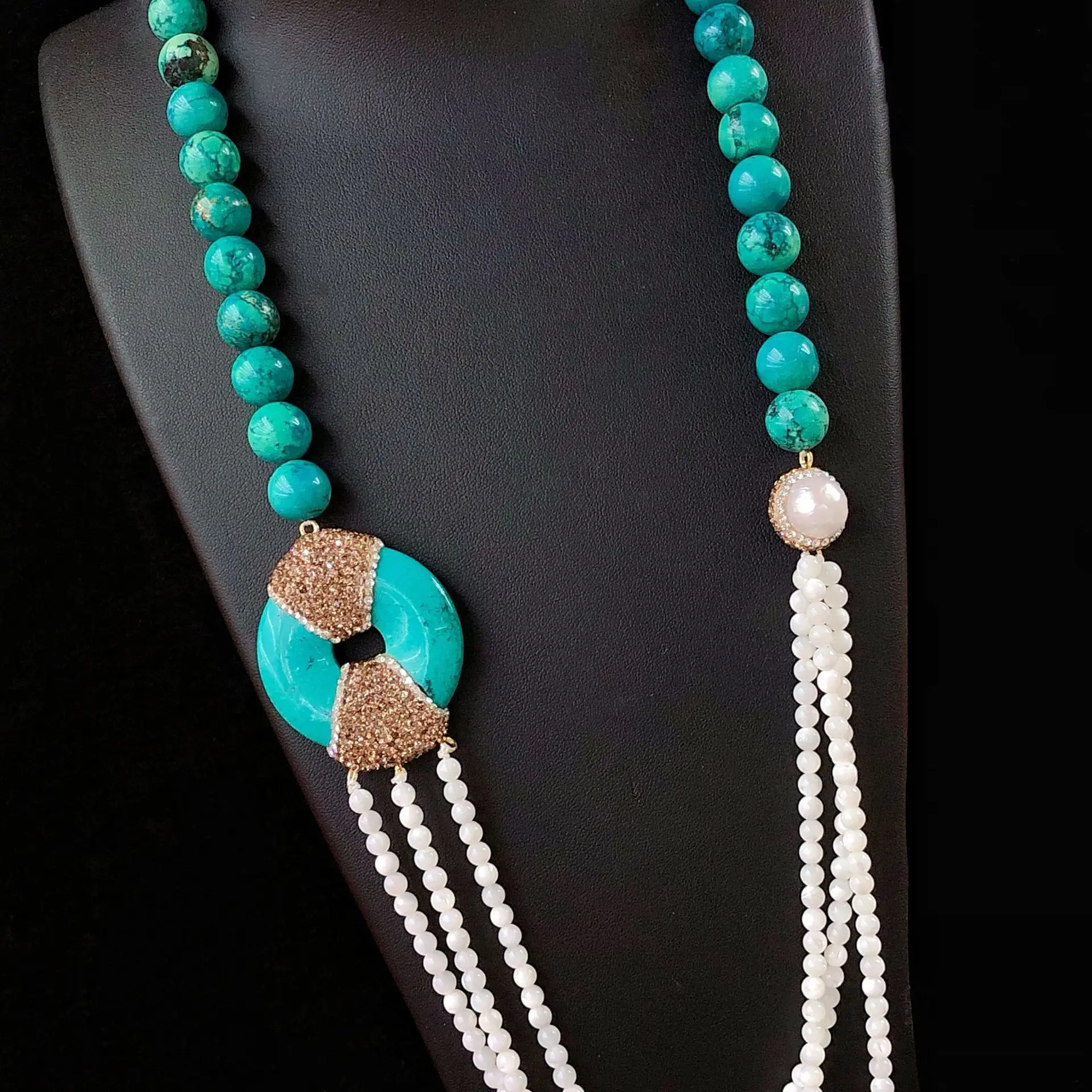 

Personalized Exaggerated Turquoise Shell Beaded Necklace with Peace Clasp Long Sweater Chain Chinese Style Blue Beads Necklaces