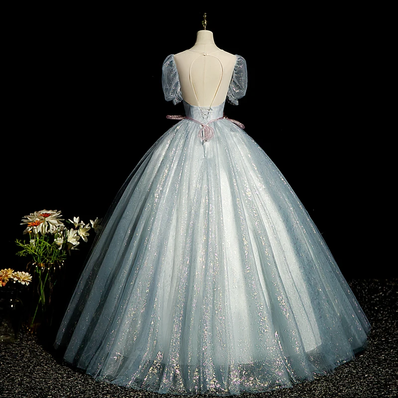 AnXin SH princess grey blue lace o neck rose flower sparkly beading crystal short puff sleeve ball gown customized evening dress