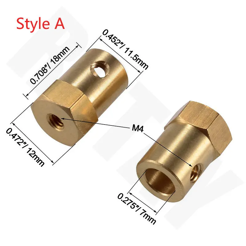 Hexagonal Brass Coupling Motor Conector com Parafusos Chave Modelo, Carro Rodas Pneus Eixo, 2mm, 3mm, 3mm, 4mm, 5mm, 6mm, 7mm, 8mm