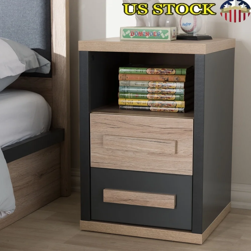 

Modern Two-Tone Nightstand with 2 Drawers and Open Shelf Dark Grey Light Brown Wood Handles Kids Bedroom Storage