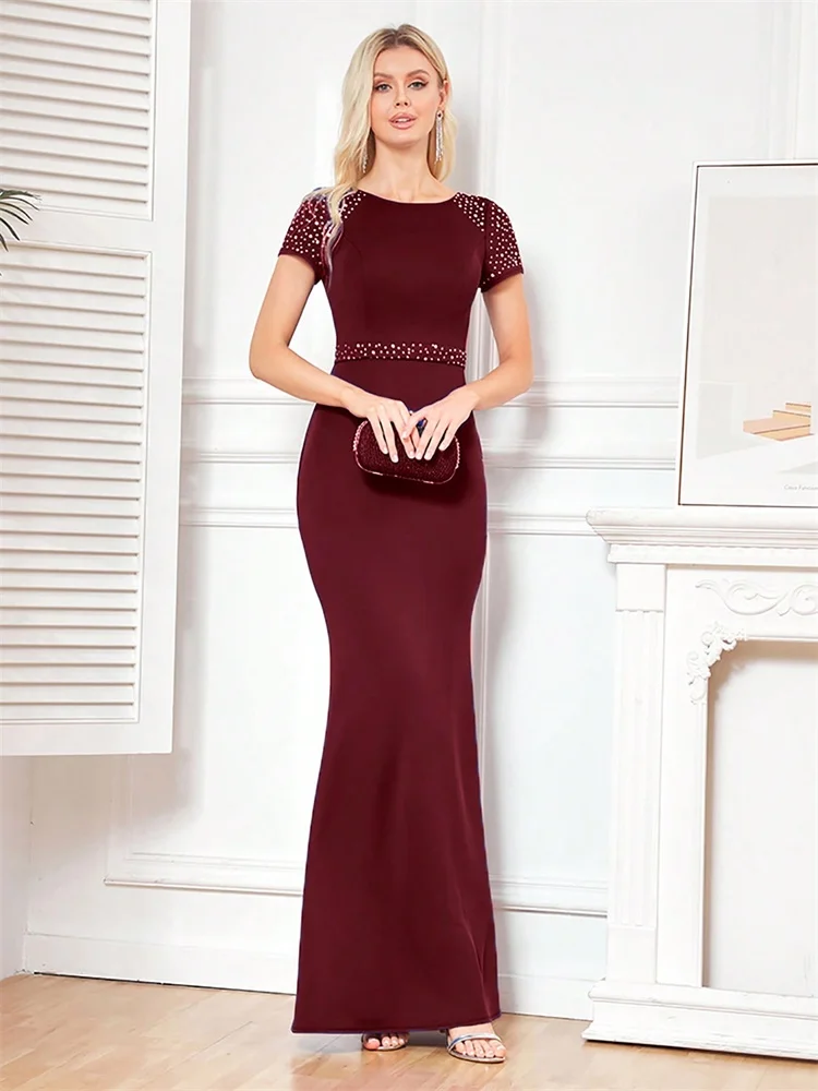 فستان سهرة رسمي أنيق برقبة دائرية مطرز بالخرز باللون الأحمر حورية البحر 2025 نسائي بأكمام قصيرة للحفلات ماكسي طويل فساتين كوكتيل فاخرة