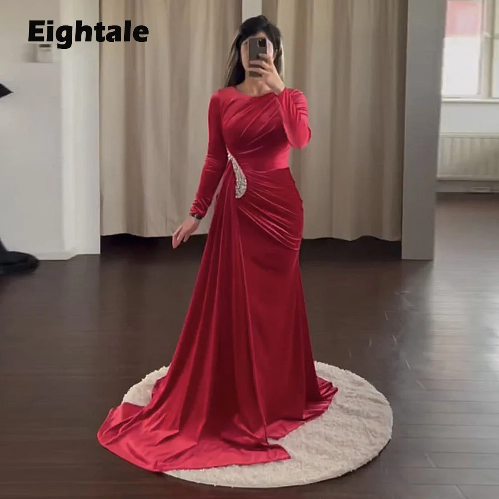 

Eightale Velvet Evening Dress for Wedding Party Red O-Neck Beaded Mermaid vestidos otoño invierno Long Sleeves Prom Gowns