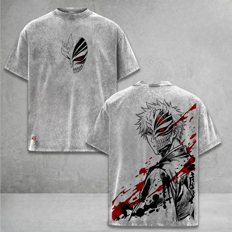 Vintage Washed Anime BLEACH Kurosaki Ichigo Printed Tee Men Women Short Sleeve Cotton Oversized Casual Fashion Tshirts Tops