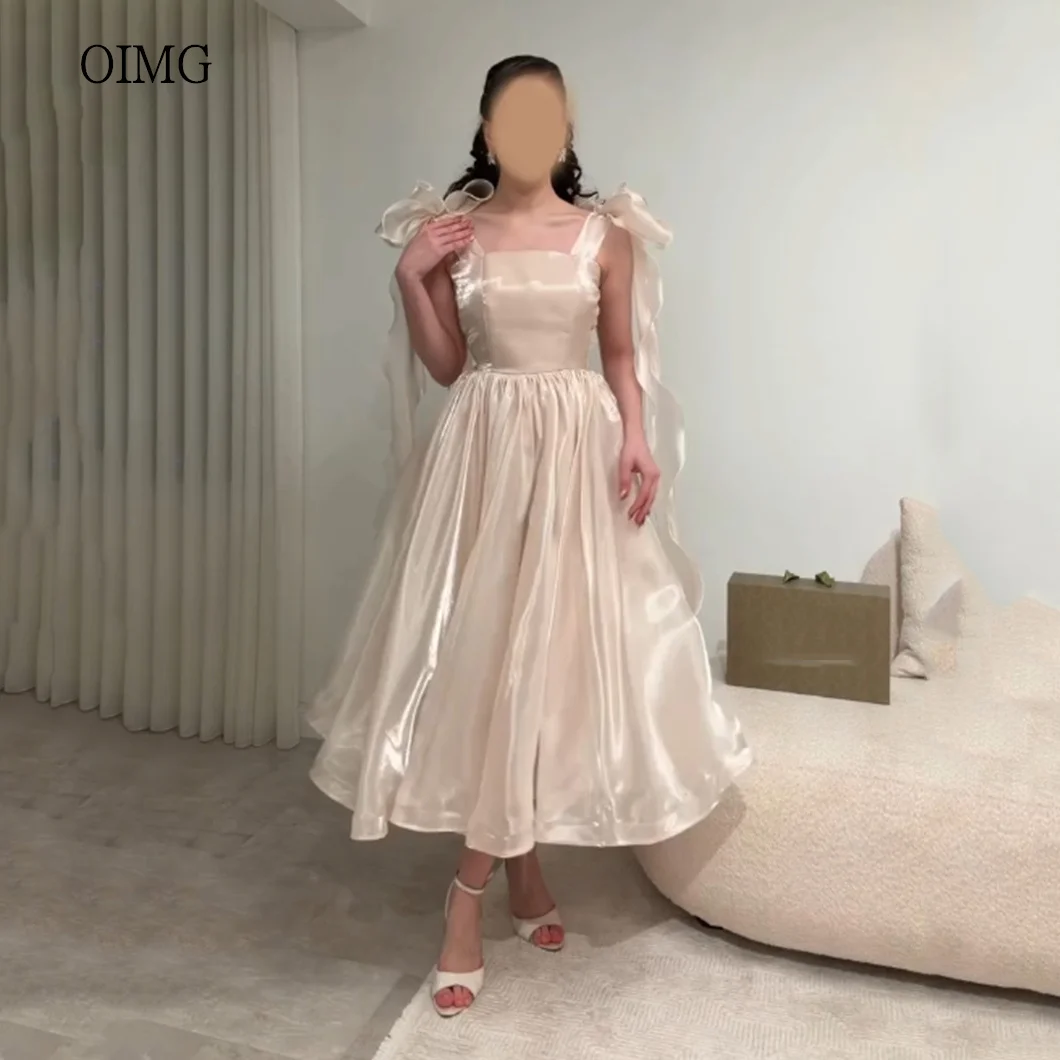 

OIMG Trendy Bow Wide Strap A Line Prom Gowns Soft Backless Party Gown Tea Length Evening Dress vestidos de gala Customized