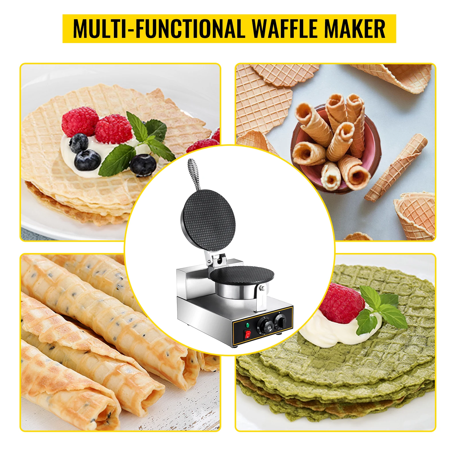 VEVOR-Sorvete Elétrico Waffle Cone Maker, Rolo de Ovo Antiaderente, Cones Tigelas, Cone De Ferro, Máquina Comercial, 1200W