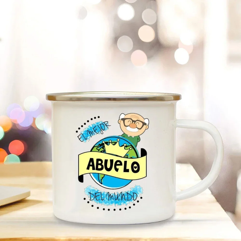 Best Grandfather & Grandmother In The World French Print Enamel Mugs Drink Milk Coffee Cup Camping Mug Gift for Abuelo & Abuela