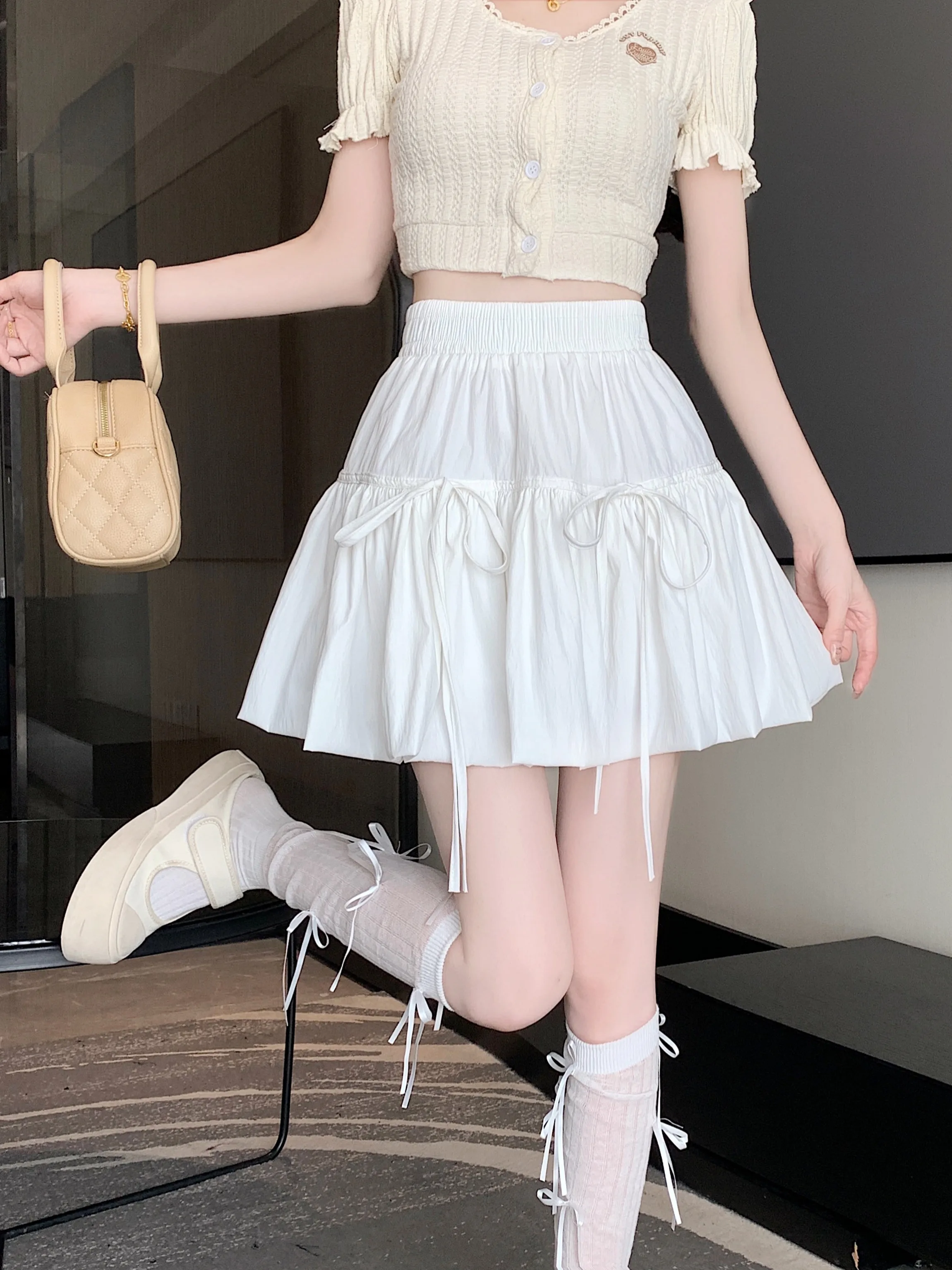 High Waist Slimming A Word Pettiskirt Elegant Flower Bud Pleat Skirt Women clothes 2024 New Summer Lantern Short dress