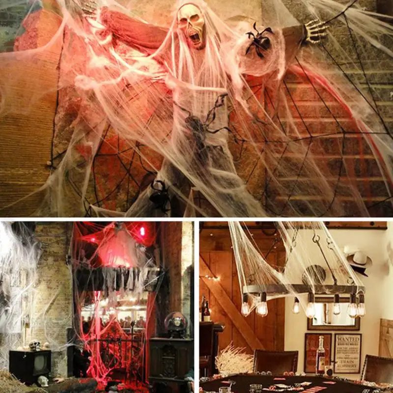 Halloween Decorations Artificial Spider Web Super Stretch Cobwebs with Fake Spider Scary Party Scene Decor Horror House Props