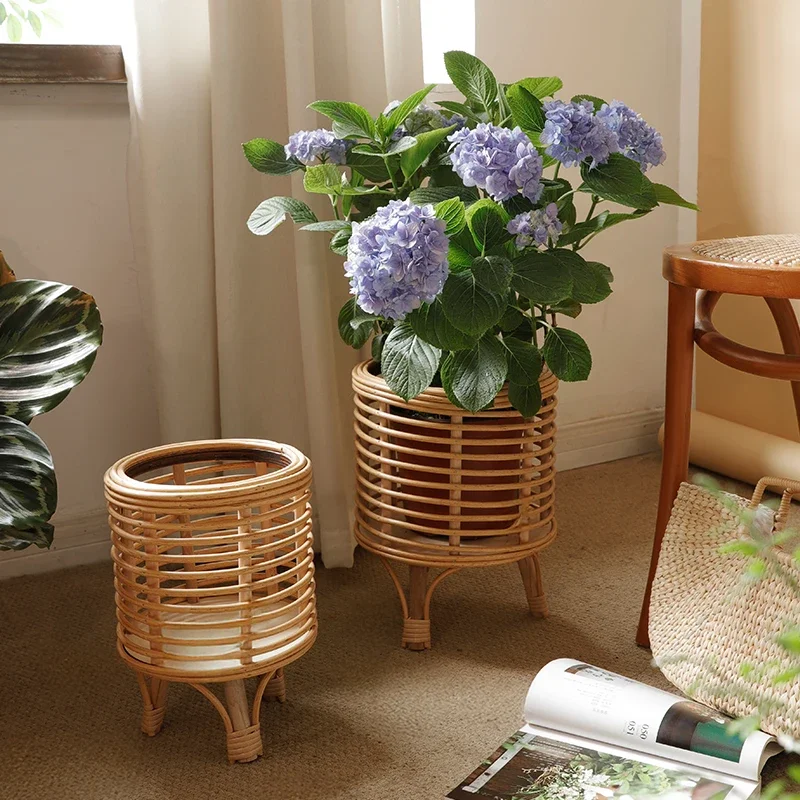 Rattan Plant Stand for Living Room Floor Standing Flower Shelf TV Cabinet Plant Display Indoor Planter Holder for Potted Plants