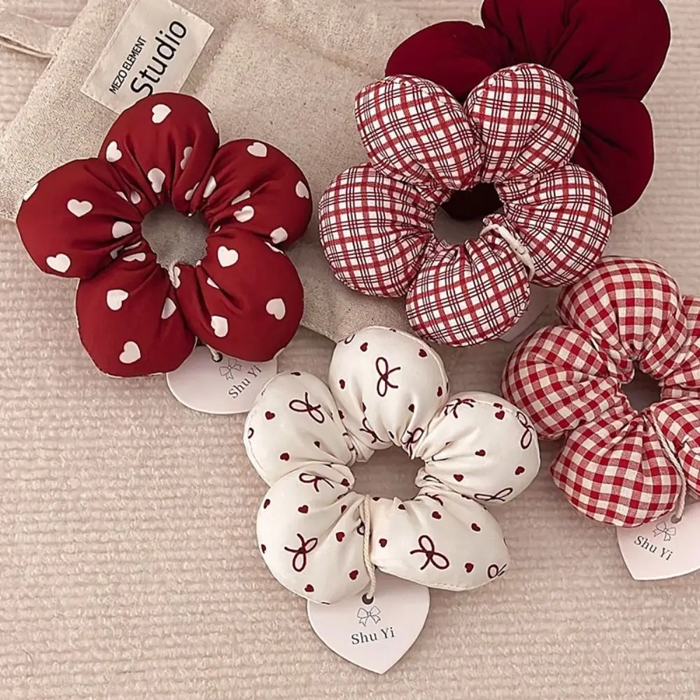 Cute Filled Cotton Flower Scrunchie Elastic Handmade Plaid Hair Ropes Oversized Ponytail Decorative Hairband Hair Accessories
