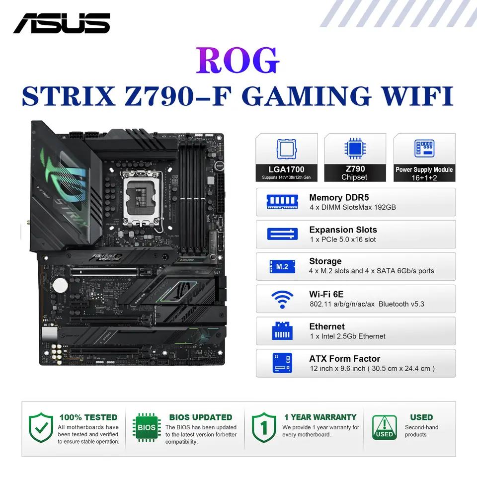 لوحة أم ASUS ROG STRIX Z790-F GAMING WIFI مقبس LGA1700 معالج DDR5 7800+(OC) MHz ذاكرة مجموعة شرائح Z790 لوحة رئيسية ATX