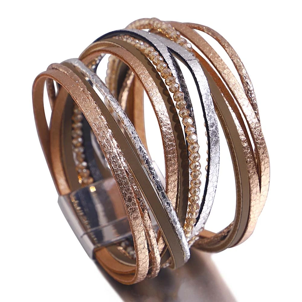 Amorcome Ethnic Multilayer Leather Bracelets for Women Men Boho Crystal Beads Wide Wrap Bracelets Fashion Female Party  Jewelry