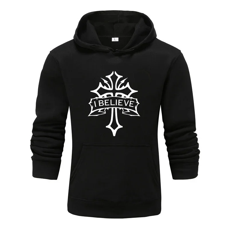 Men's Cross Faith I Believe Jesus Letters Print Hoodies Man Casual Pullover Sweatshirts Fashion Streetwear Hooded Tops for Male