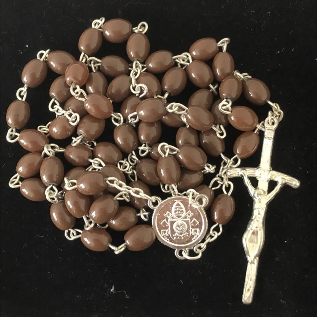 السفينة حرة 8*6 مللي متر مسبحة حبة بنية ، مسبحة زجاجية كاثوليكية مع مركز البابا فرانسيسكو #5