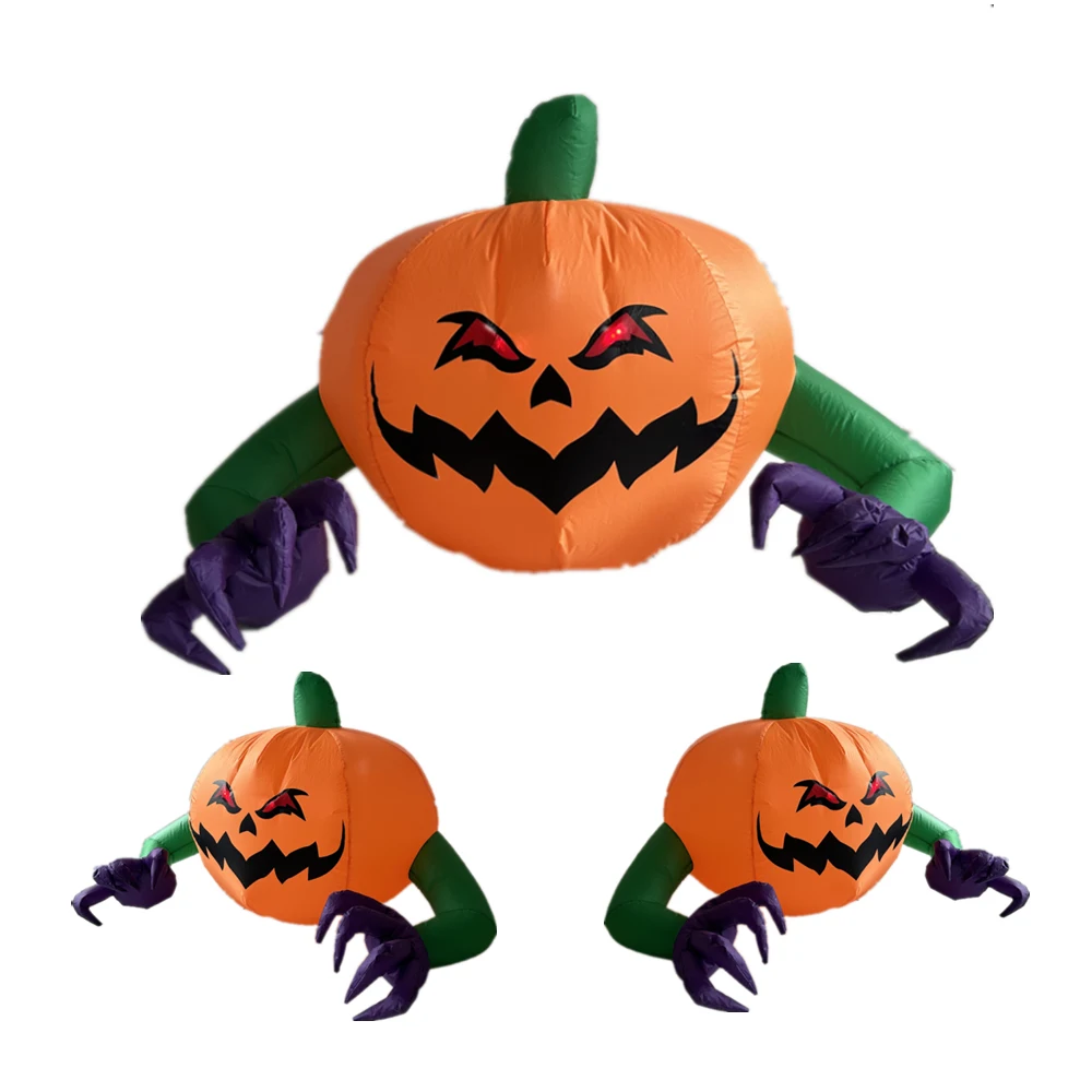 Citrouille Gonflable aux Yeux Rouges pour Halloween, Modèle Fantôme à Bras Long, Lumière LED spatirée, Accessoire de Décoration pour Cour Extérieure, 1.2m/4 Pieds de Large