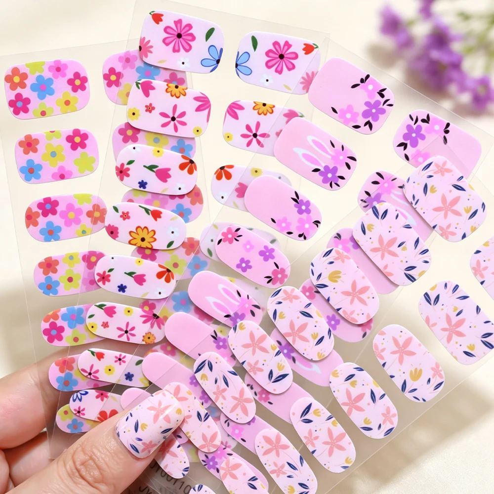 16Tips Colorful Spring Flower Nail Polish Stickers Rose Daisy Lavender Design Self-Adhesive Nail Wraps Full Cover Manicure Decal