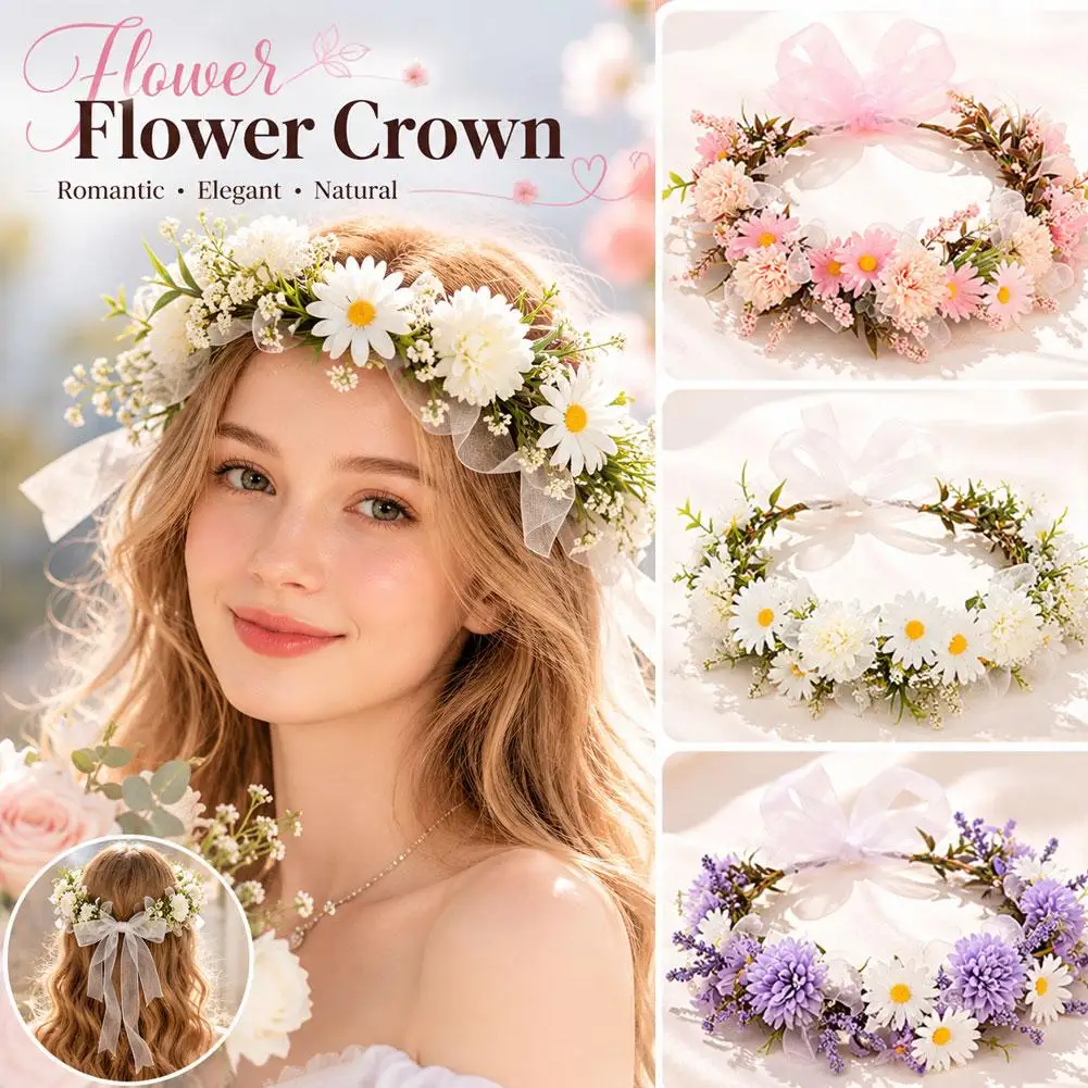 Bohemian Artificial Flower Wreath Headband Daisy Floral Crown For Bride Bridesmaid Wedding Party Vacation Headpiece