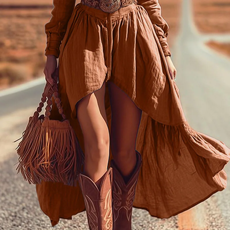 Abito irregolare cavo con colletto quadrato sexy retrò Abito da donna puro ed elegante con bottoni a pieghe Abito Boho con volant a maniche lunghe autunnale