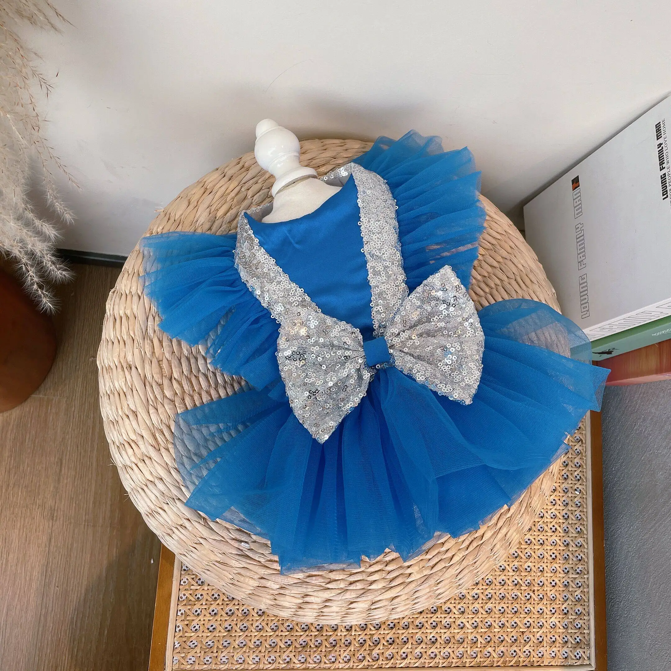 Handmade Royal Wedding Gown with Blue Bow for Dogs Luxury Pet Dress Spring Autumn Outfit for Teddy Bichon Pomeranian