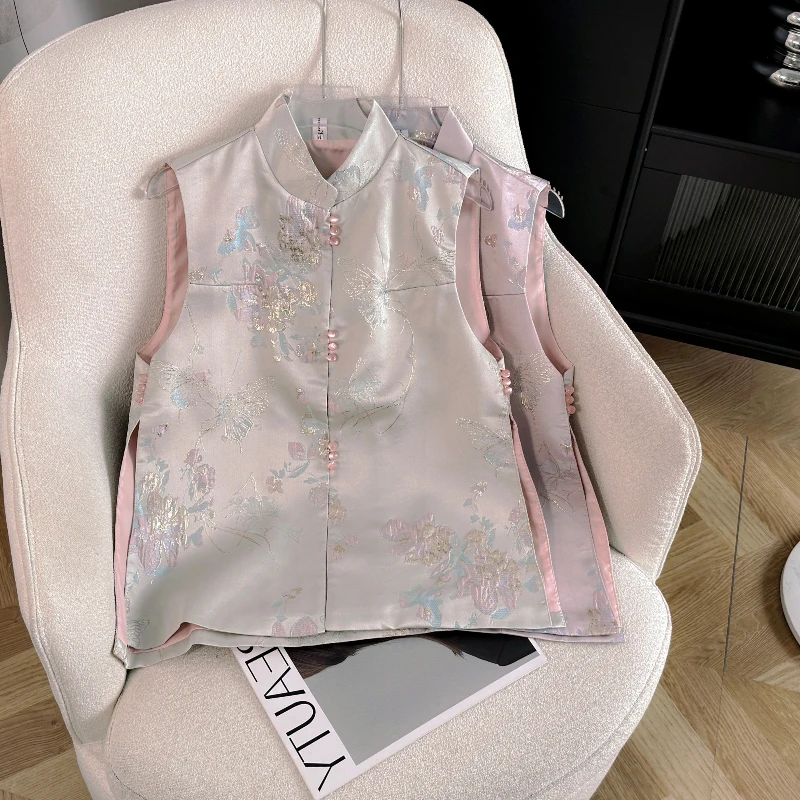 

Новый китайский национальный тренд, парчовый жилет с вышивкой, женский свободный крой с воротником-стойкой и открытой стороной, осенний новый Sle