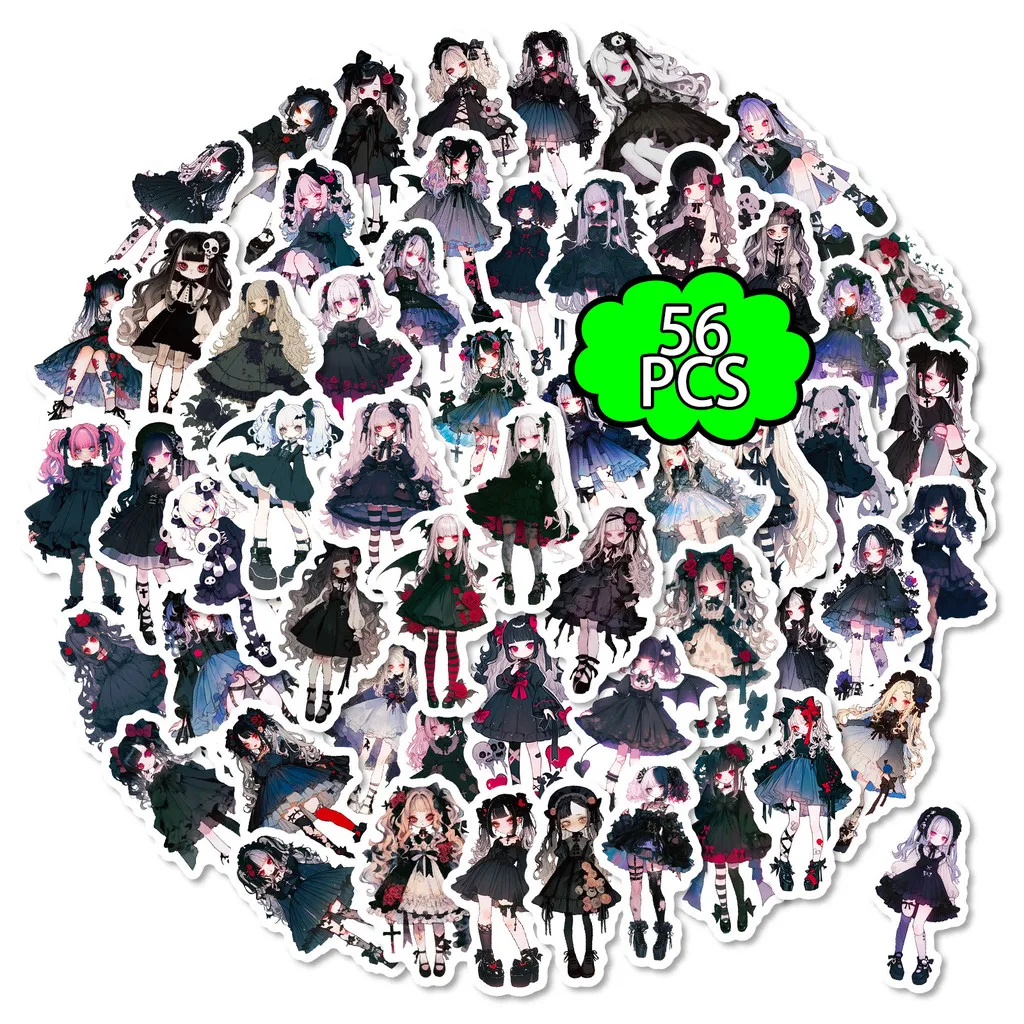 56Pcs Gothic Sweet Cool Girl Doodle Stickers, Cartoon Anime Decals for Water Bottle Phone Case DIY Decor RecordingYourLife Store
