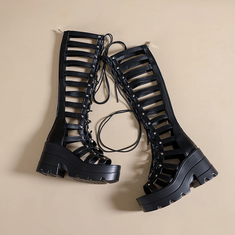 Platform Roman Lace-Up Boots Women's Summer New Cutout Open Toe Statement Rivet Knee Cold Boots