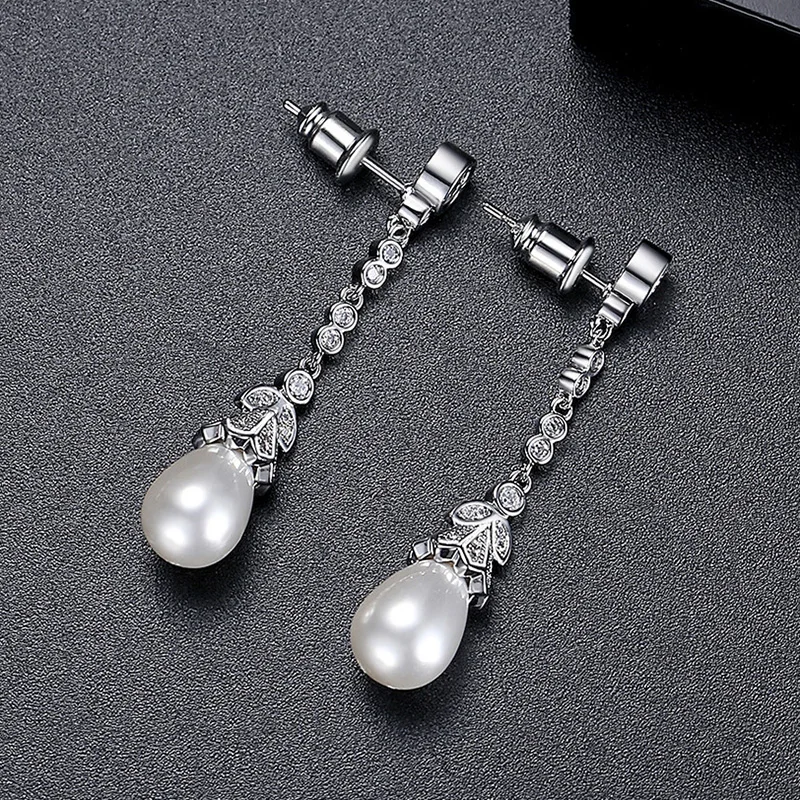 LUOTEEMI Vintage Imitation Drop Pearl Earrings Elegant Women Fashion Tiny CZ Long Earring Classic Design Korean Pearl Jewelry