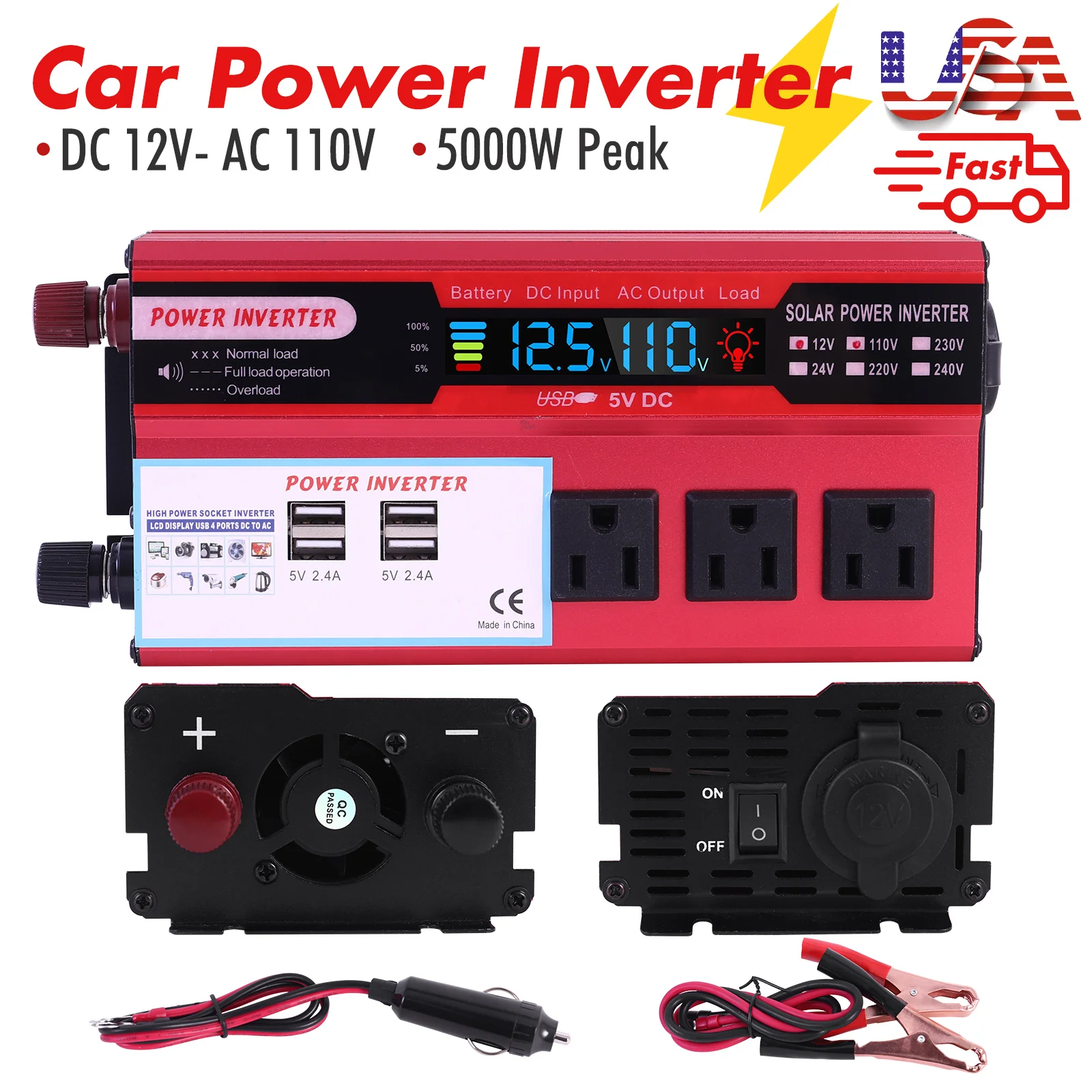 5000W Car Power Inverter DC 12V To AC 110V Converter Pure Sine Wave Fast Charging LCD LED Display Converter Charger Adapter