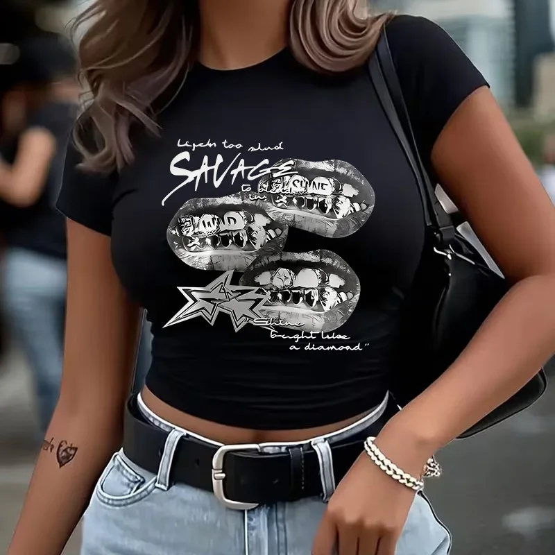90s Cropped T Shirt Women's Crew Neck Short Sleeve T-shirt Gothic Vintage Sexy Crop Tops with Lip and Star Print Patterns
