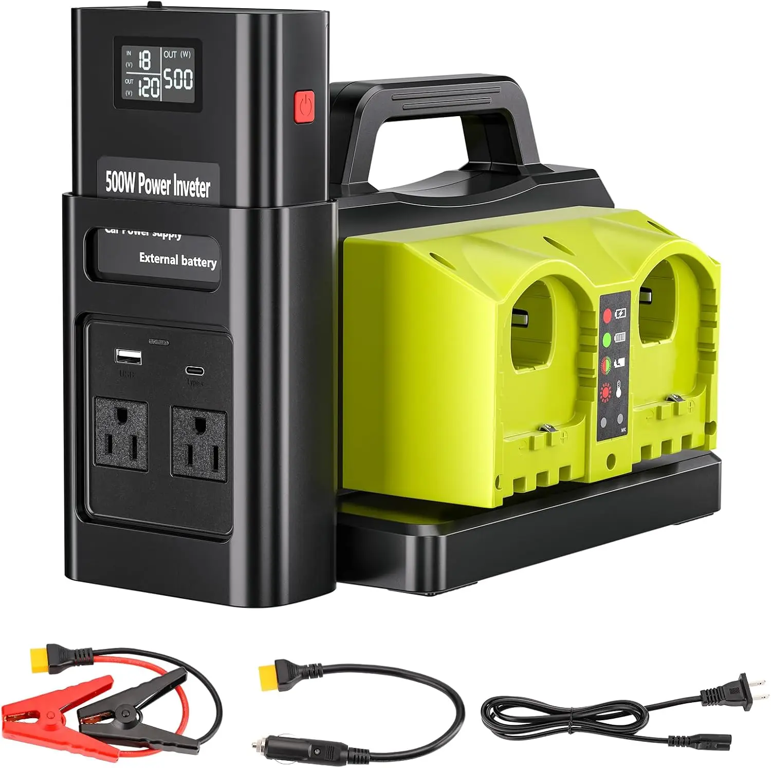 500W Pure Sine Wave Power Inverter for Ryobi 18V Battery 4-Ports DC 18V to AC 120V Car Charger Plug Inverter Adapter Converter