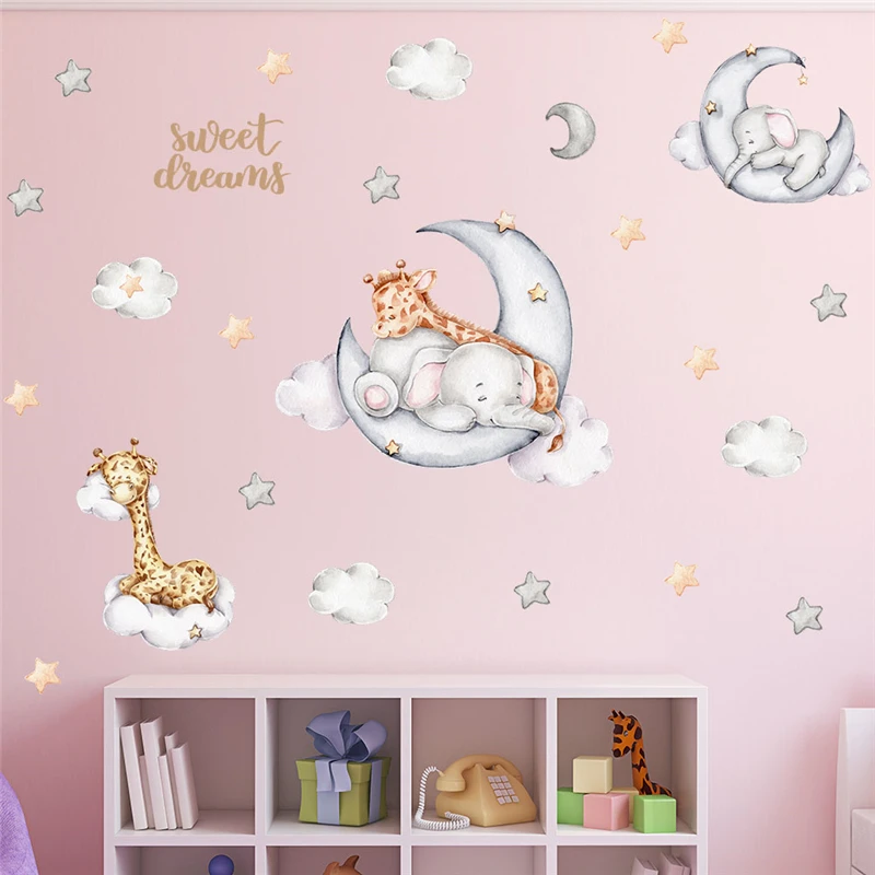 Cute Elephant Giraffe Sleeping With Moon Star Wall Sticker For Kids Room Home Decor Diy Animal Mural Art Decal Pvc Poster