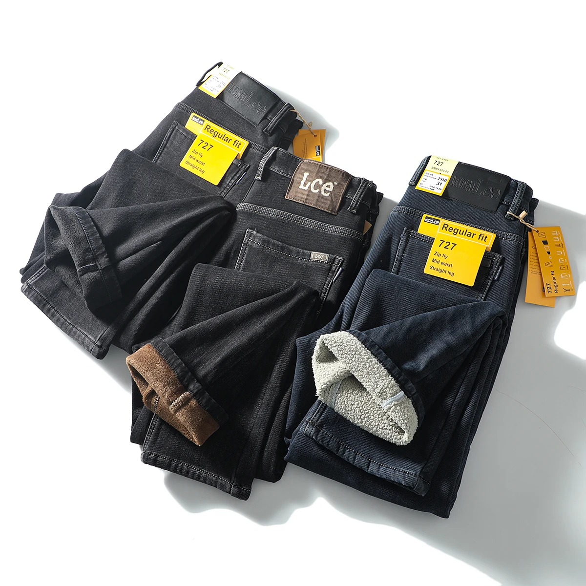 

Comfortable Warm Fce Lined Thiened Men's Casual Straight Leg Jeans Faionable Urban Sle Winter Commute Elastic Waed...