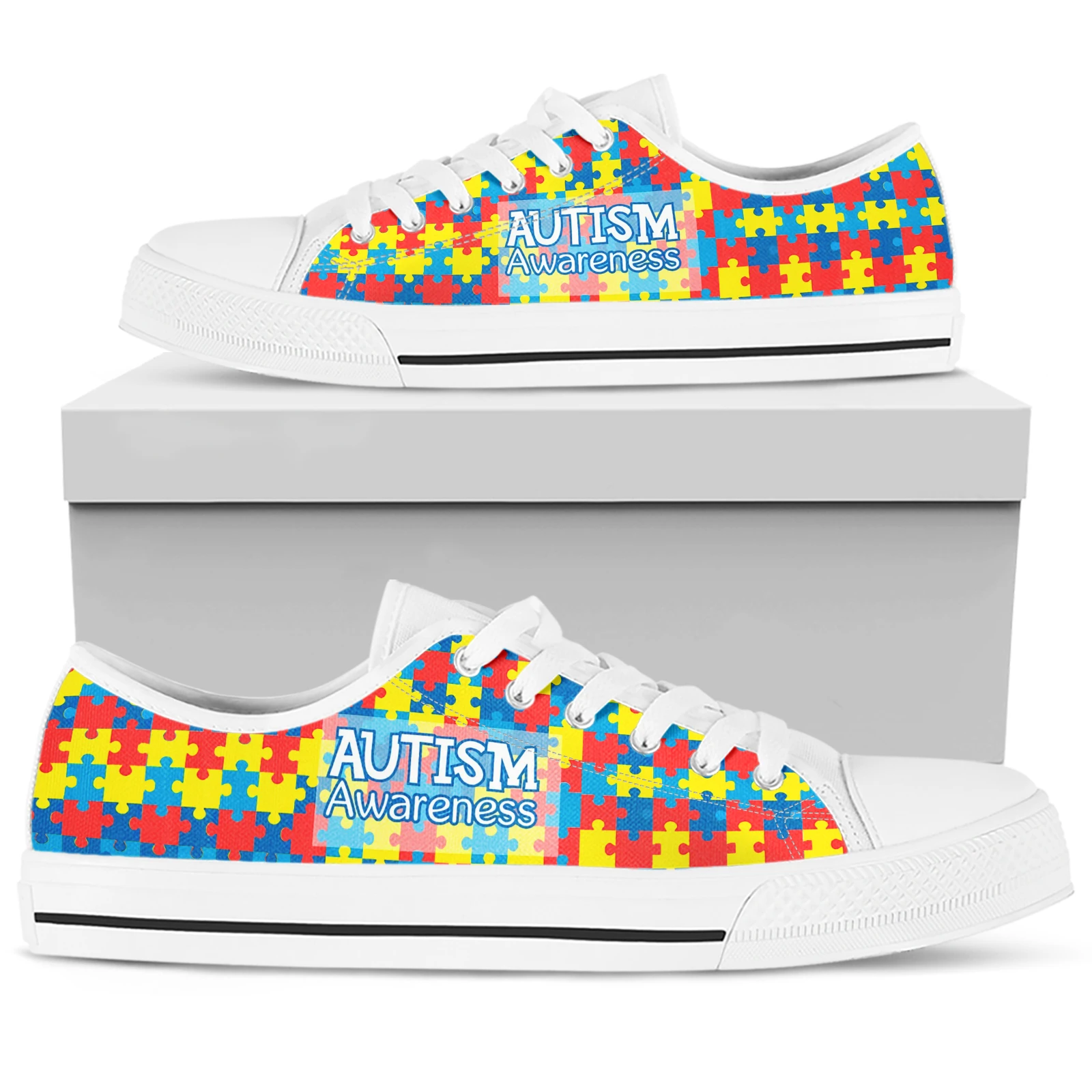 ELVISWORDS Autism Awareness Printed Canvas Shoes Colorful Puzzle Low Top Ladies Vulcanized Shoes Zapatos Planos De Mujer