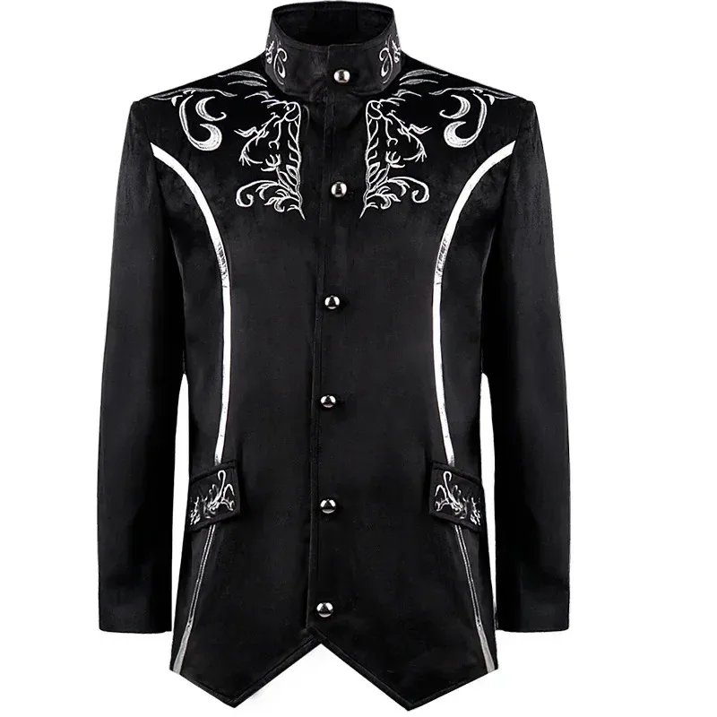 

Man Medieval Vintage Stand-up Collar Embroidered Black Coat
