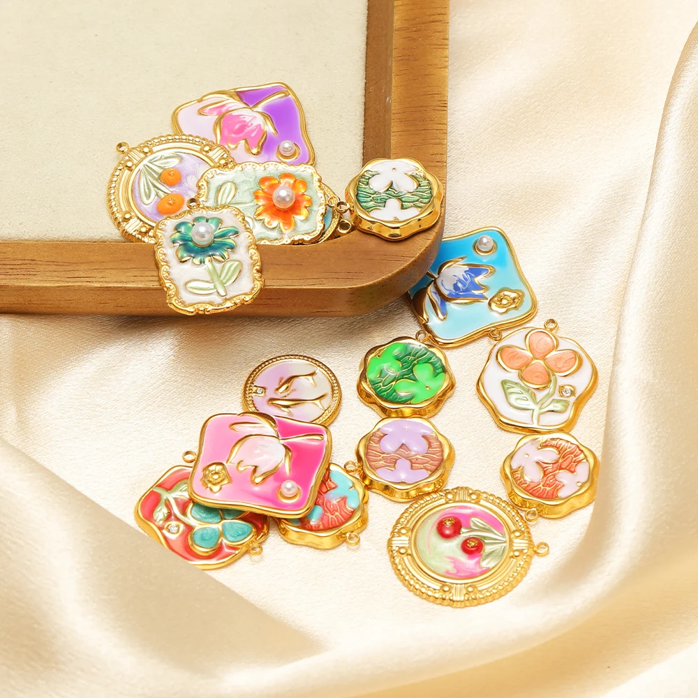 4Pcs Stainless Steel Enamel Flowers Pearl Pendants Geometric Charms for DIY Exquisite Jewelry Making Necklace Earrings Supplies - view 2