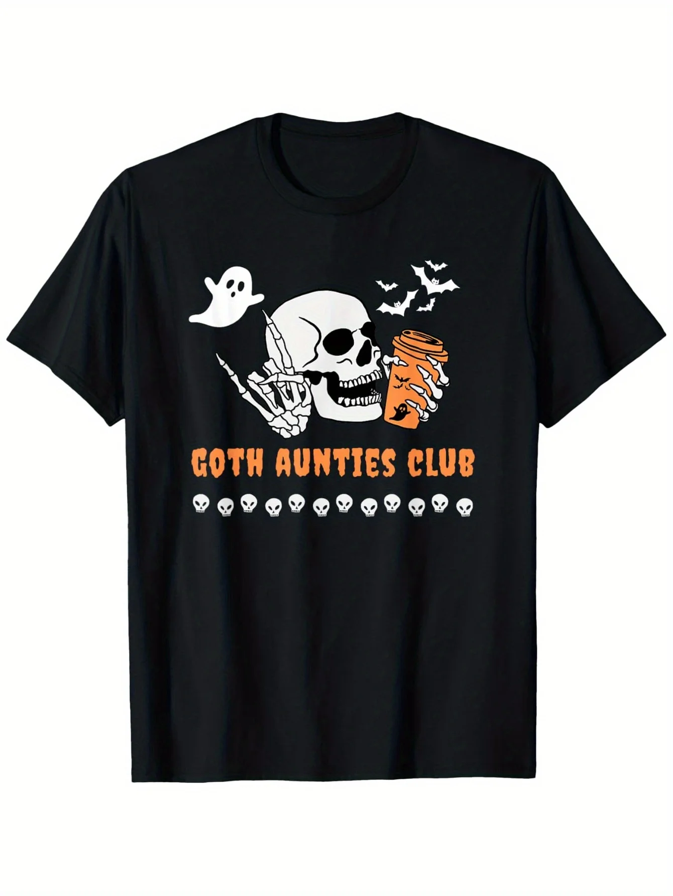 เสื้อยืดผู้ชายลายฮาโลวีน ลายโครงกระดูก ค้างคาว และผี ผ้าฝ้ายแท้ ระบายอากาศได้ดี ทรงปกติ สไตล์ลำลอง สตรีทแวร์