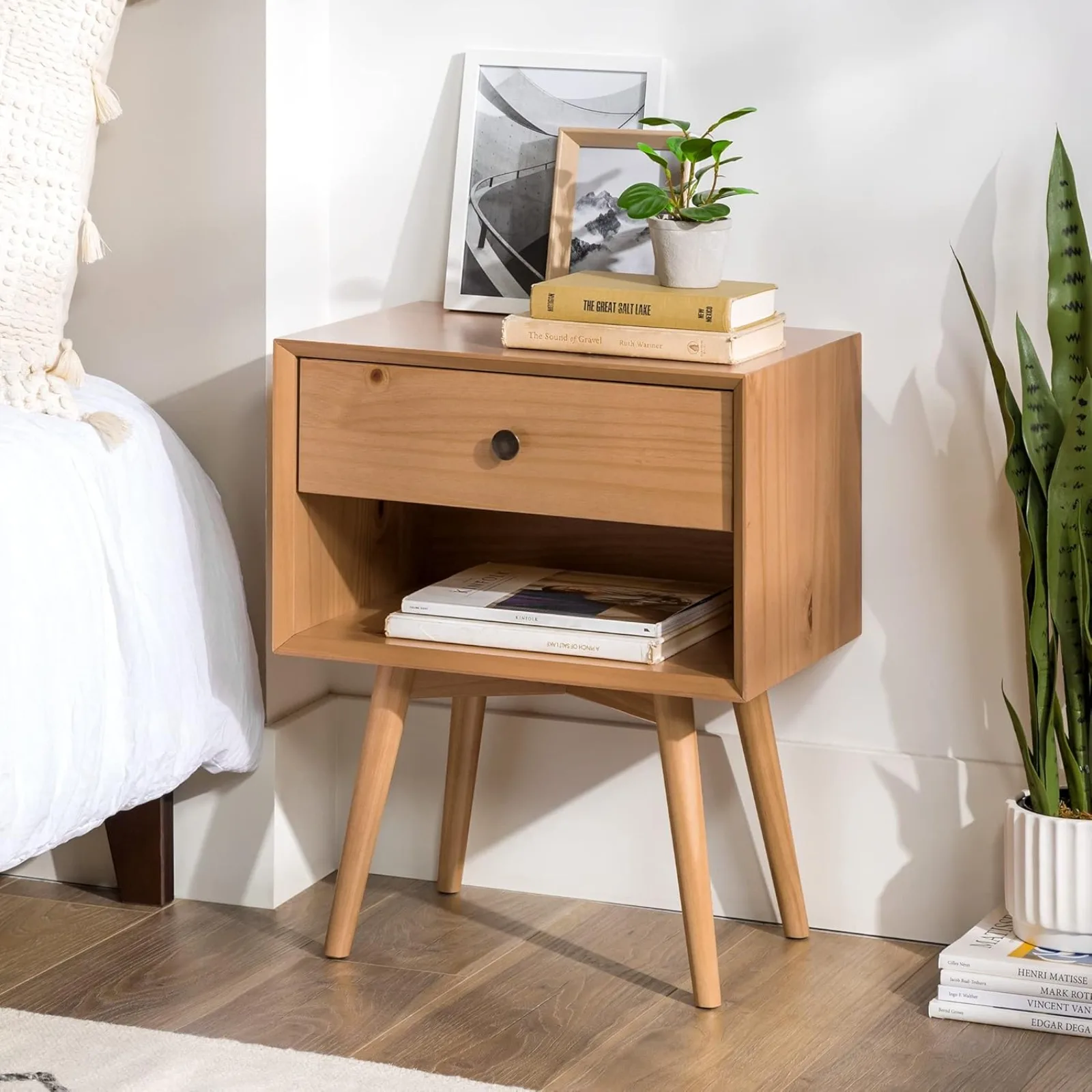 

US Mid Century Modern 1 Nightstand Bedroom Storage Drawer and Shelf Bedside End Table, 24 Inch, Natural Pine