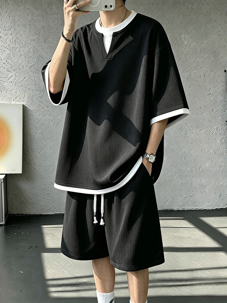 american-style-sportswear-set-for-men-quick-dry-v-neck-short-sleeve-t-shirt-ice-silk-shorts-summer-new-arrival-casual-outfit