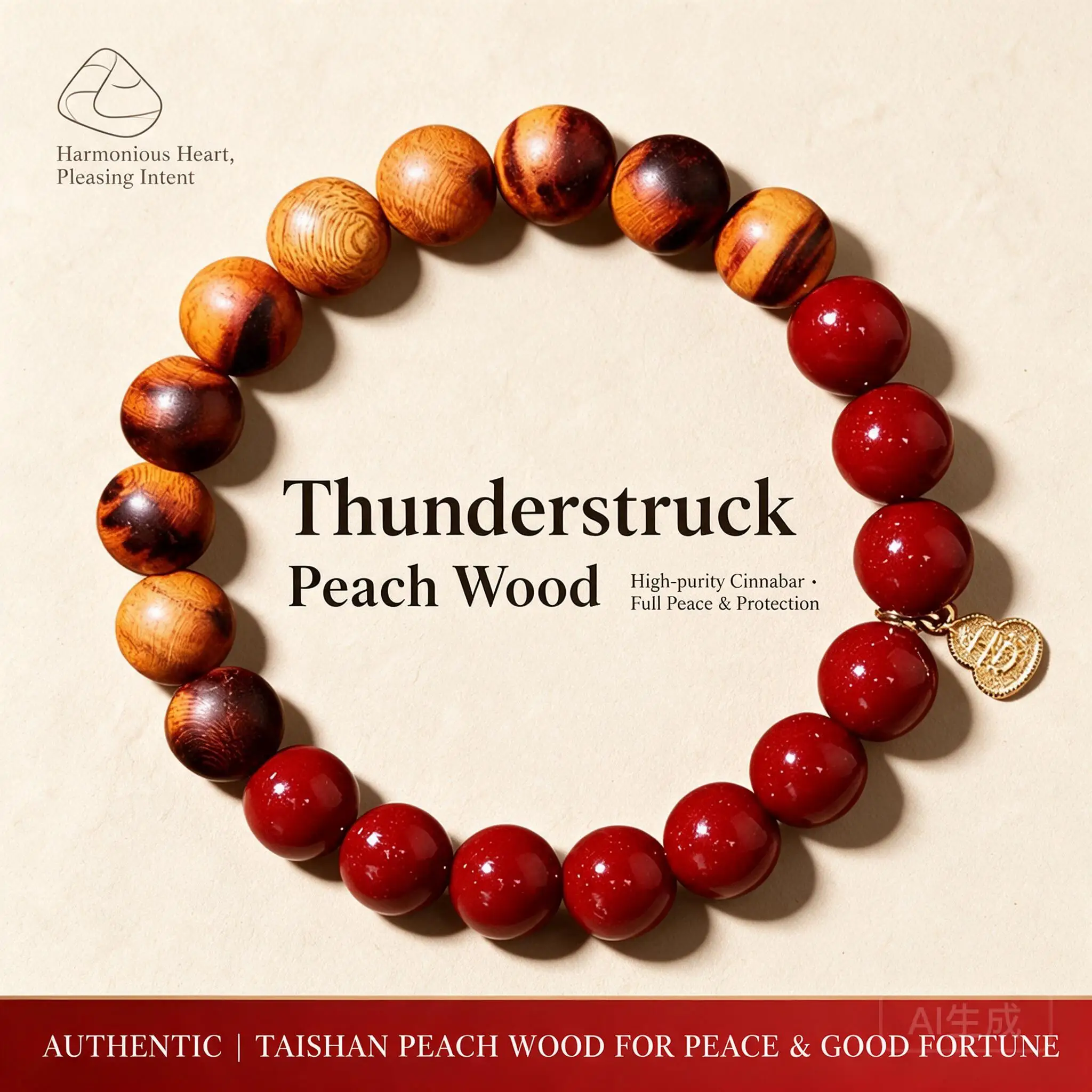 Chinese Style Lucky Thunder Struck Peach Wood Cinnabar Beaded Bracelet Good Luck Blessing Jewelry For Men Women Daily Wear Gift