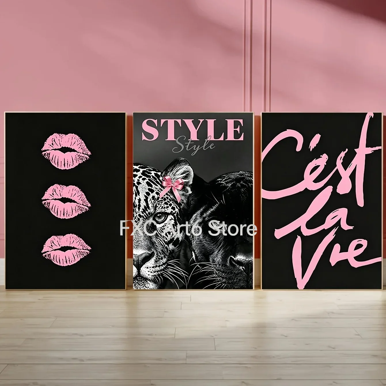 3pcs frameless -2D Flat,   Pink & Black Leopard Print Wall Art Suitable for Girls Bedroom, C'est La Vie French Quote