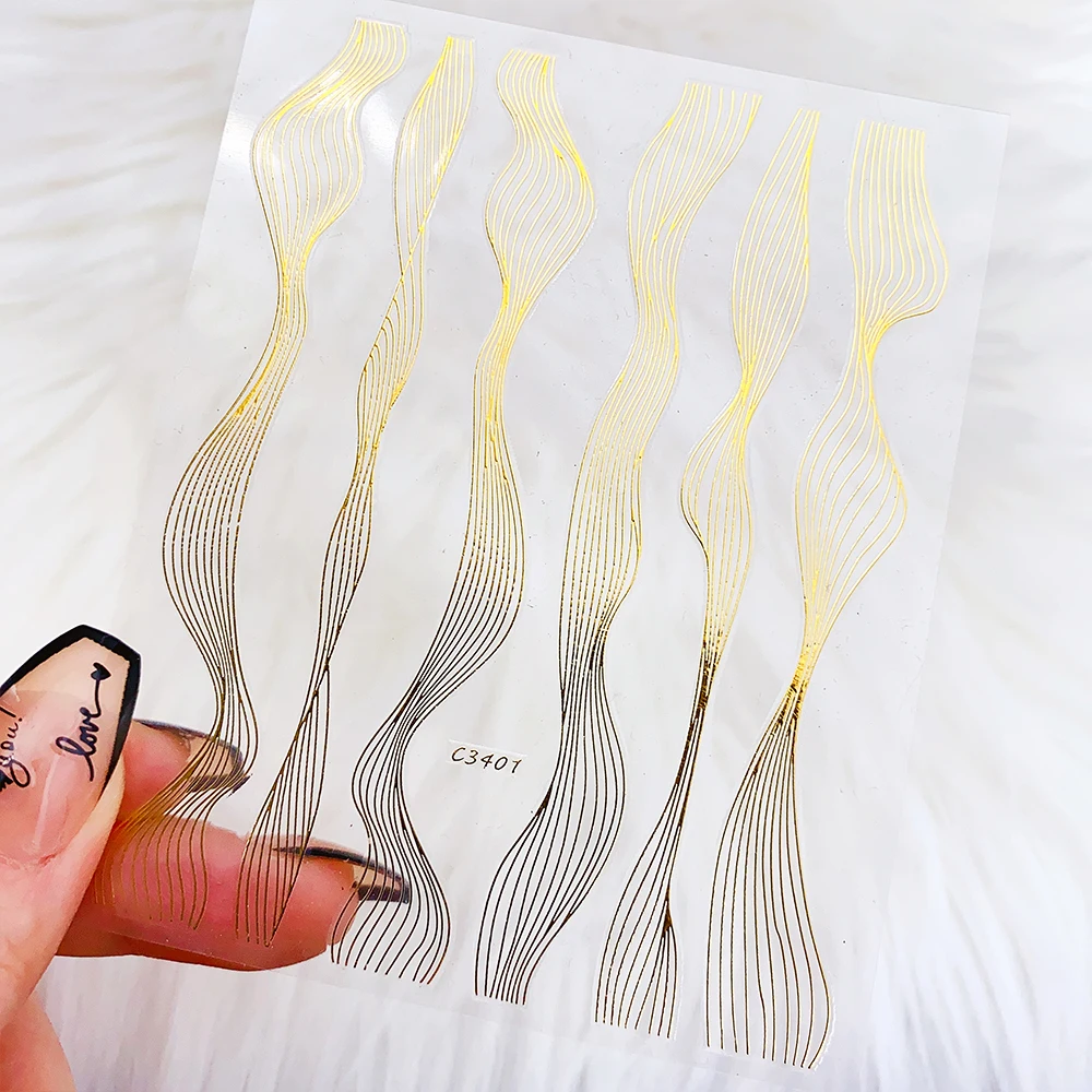 3D Weihnachten Laser Wave Lines Nail Art Aufkleber Französisch Gold/Silber Metall Linien Streifen Slider selbst klebende Maniküre Linie Aufkleber &