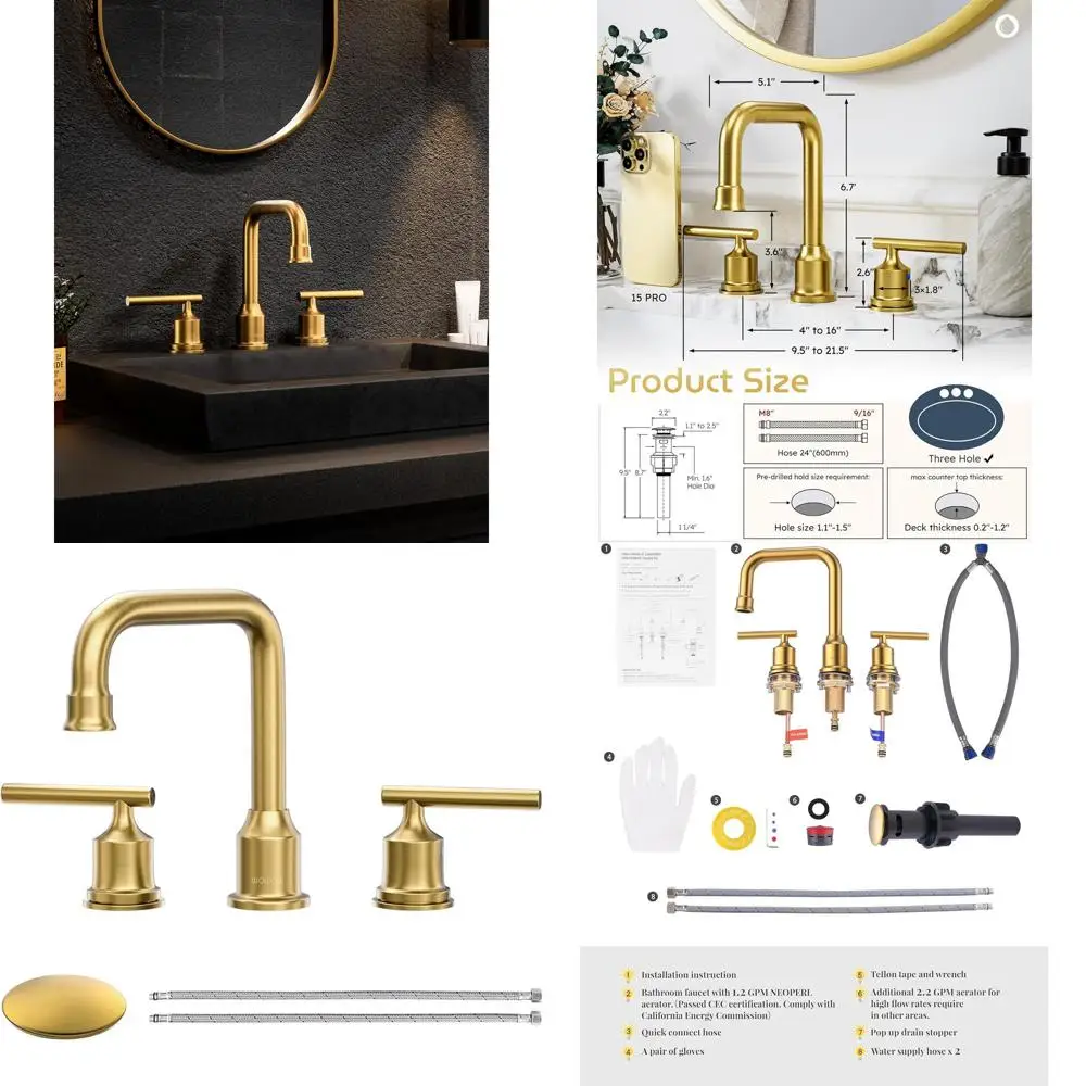 

Смеситель для раковины с двумя рукоятками, цвет матовое золото, с 3 отверстиями, сливом и подводными трубами для современных умывальников